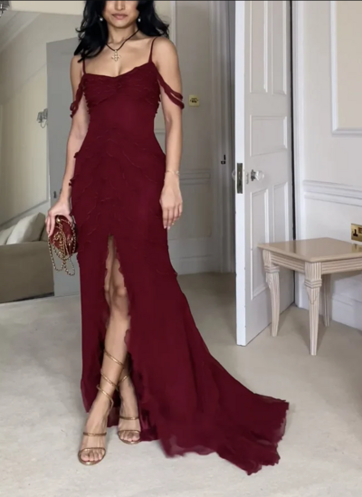 Off Shoulder Straps Wine Red Multi-layered Ruffles Split Long Prom Dress