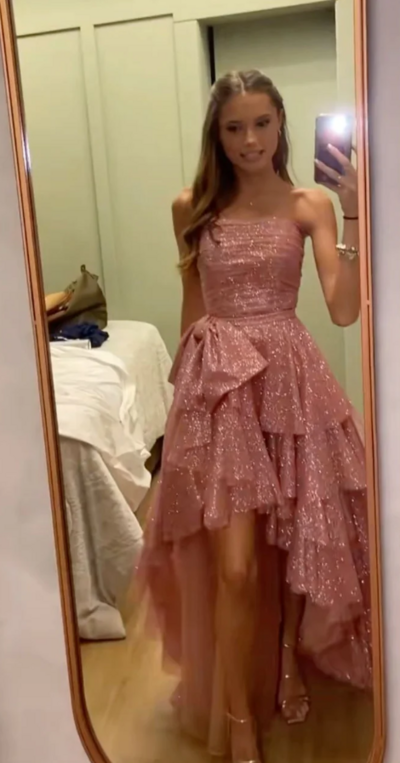 Shiny A-Line High-Low Pink Strapless Prom Dresses