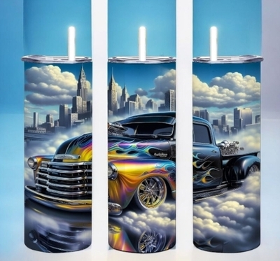 Custom Hot Rod Truck Tumbler 20oz Skinny, Vintage Pickup Lowrider Gift for Man or Dad, Flame Decal