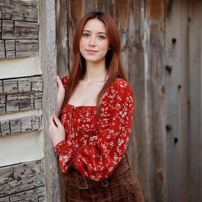 Retro Square Neck Tie Puff Sleeve Floral Holiday Cropped Top