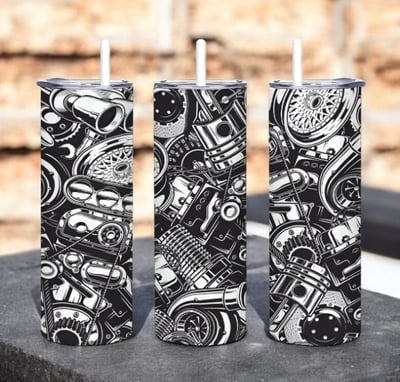 Mechanic Tumbler 20oz Skinny, Engine Parts Blueprint Gift, Black and White Auto Shop