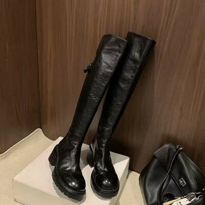 Women's round-toe pleated thick heel mid-high knight boots