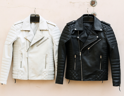 Crafted Leather Mens Classic Black and White Leather Jacket Pure Lambskin Motorcycle Slim Fit Biker