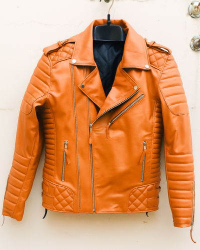 Crafted Leather Mens Classic Orange Leather Jacket Pure Lambskin Motorcycle Slim Fit Biker