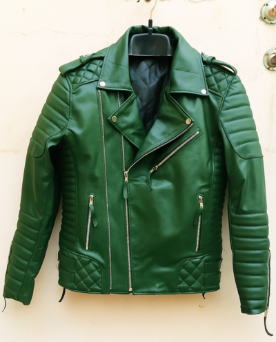 Crafted Leather Mens Classic Green Leather Jacket Pure Lambskin Motorcycle Slim Fit Biker