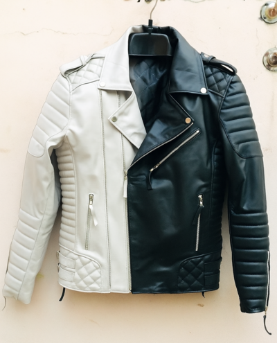 Crafted Leather Mens Classic Two Tone Black White Leather Jacket Pure Lambskin Motorcycle Slim Fit Biker