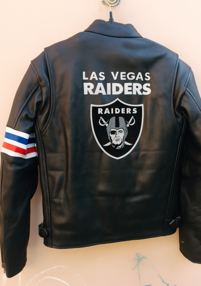 Crafted Leather Unique Genuine Leather Black with Red and Blue Stripes Biker Motorcycle Jacket