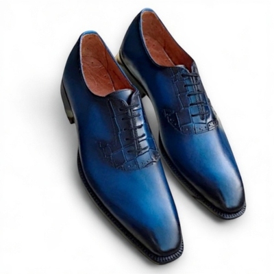 Crafted Leather Men’s Handmade Blue Calf Crocodile/Alligator Leather Dress Shoes