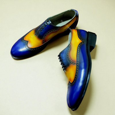 Crafted Leather Men’s Handmade Blue Yellow Leather Wingtip Oxford Lace up Dress Shoes