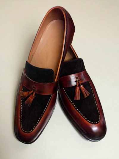 Crafted Leather Men’s Classic Brown Black Suede Leather Tassel Loafers Dress Shoes