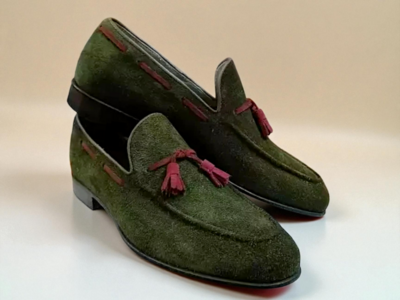 Crafted Leather Men’s Classic Green Suede Leather Tassel Loafers Dress Shoes