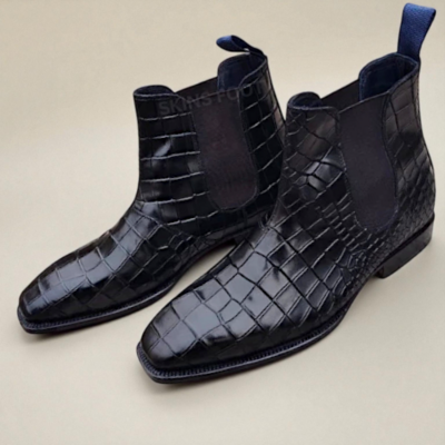 Crafted Leather Men Black Crocodile Texture Leather Chelsea Boot
