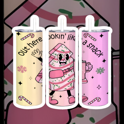 "Lookin' Like a Snack" Christmas Tumbler 20oz Skinny, Retro Pink Holiday Tree Humor Gift, Cute Aesthetic Travel Mug
