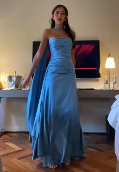 A Line Strapless Satin Blue Long Evening Gown Prom Dress