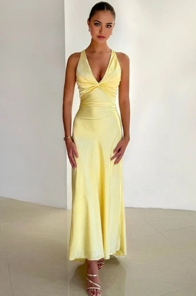 Elegant V Neck Backless Yellow Long Formal Prom Dresses