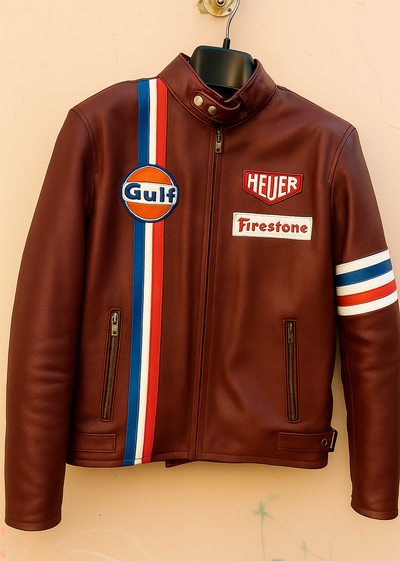 Crafted Leather Burgundy with Red White and Blue Stripes Biker Motorcycle Jacket