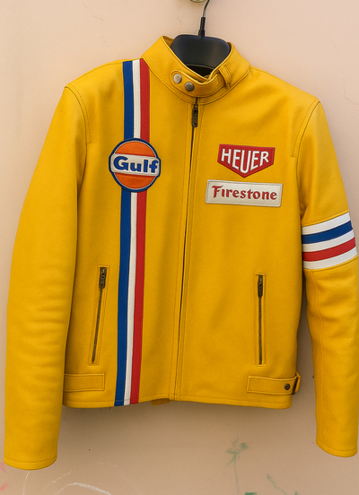 Crafted Leather Yellow with Red White and Blue Stripes Biker Motorcycle Jacket