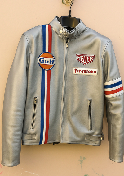 Crafted Leather Silver with Red White and Blue Stripes Biker Motorcycle Jacket