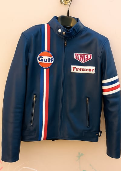 Crafted Leather Inkstorm Blue with Red White and Blue Stripes Biker Motorcycle Jacket