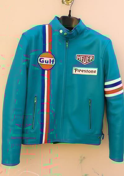 Crafted Leather Cyan Color with Red White and Blue Stripes Biker Motorcycle Jacket