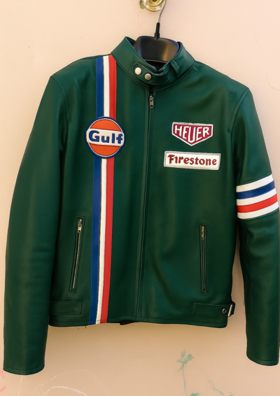 Crafted Leather Green with Red White and Blue Stripes Biker Motorcycle Jacket