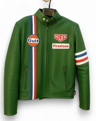 Crafted Leather Green with Red White and Blue Stripes Biker Motorcycle Jacket