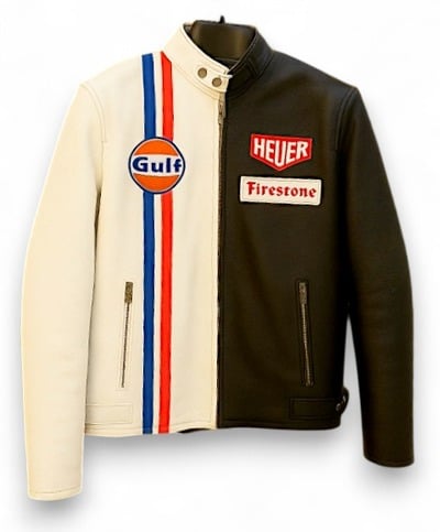 Crafted Leather Classic Black/White with Red White and Blue Stripes Biker Motorcycle Jacket