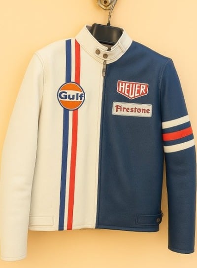 Crafted Leather Classic Blue/White with Red White and Blue Stripes Biker Motorcycle Jacket