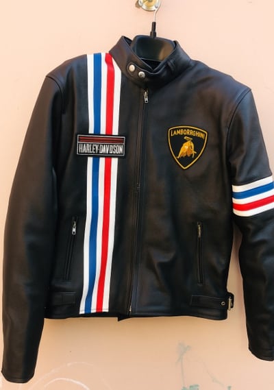 Crafted Leather Classic Design Black with Red and Blue Stripes Biker Motorcycle Jacket