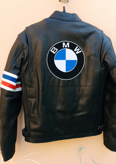 Crafted Leather Sports Jacket Black with Red White and Blue Stripes Biker Motorcycle Jacket