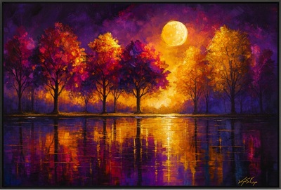 Vibrant Moonrise Over Colorful Trees Abstract Nature Art
