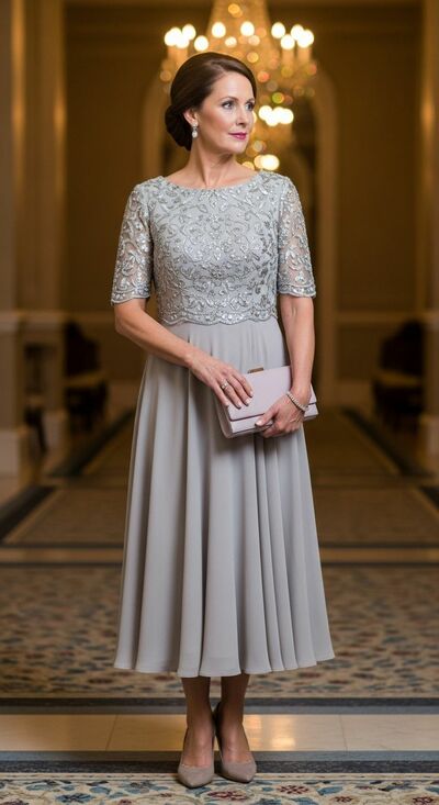 Simple A Line Tea-length Mother of Bride/Groom Dress Evening Formal Gowns