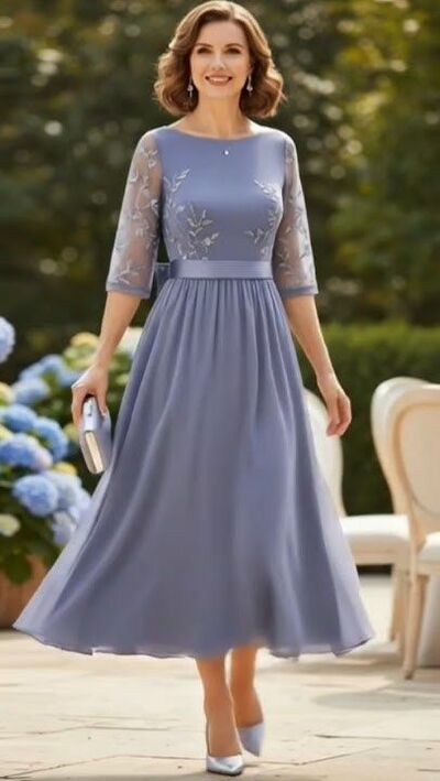 Simple A Line Chiffon Appliques Tea-length Mother of Bride/Groom Dress Evening Formal Gowns