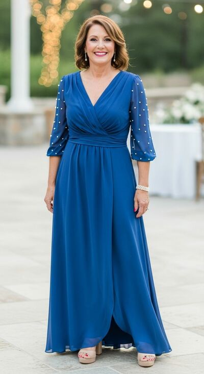 Plus Size A Line Blue Chiffon Mother of Bride/Groom Dress Evening Formal Gowns