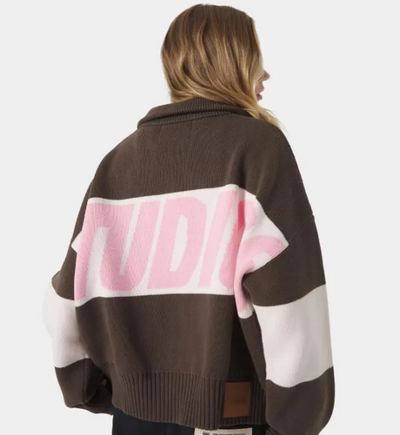 RETRO SPLICED BROWN ZIPPER KNIT