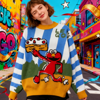 Artful Cartoon Cake Pattern Knitted Sweater