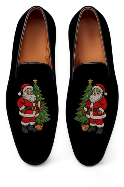Crafted Leather Classic Embroidery Santa Claus with Christmas Tree Black Velvet Loafers Shoes