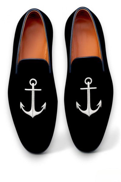 Crafted Leather Classic Embroidery Anchor Black Velvet Loafers Men Shoes