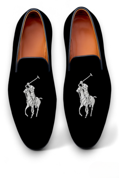 Crafted Leather Classic Polo Horse Black Velvet Loafers Men Shoes