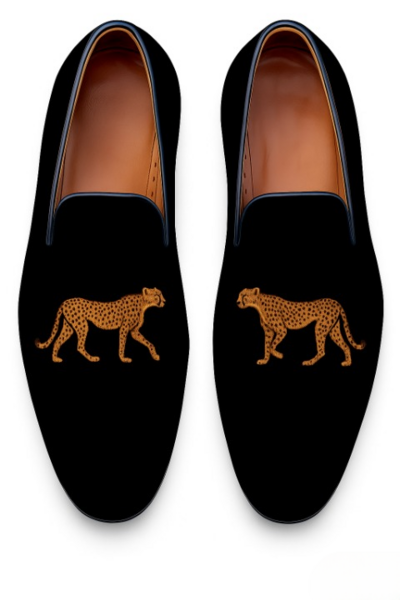 Crafted Leather Classic Cheetah Black Velvet Loafers Men Shoes