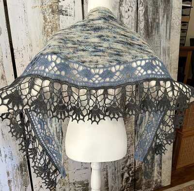Wool Ilvy Shawl in "Rip Wheeler" yarn, with blue and charcoal gray trim