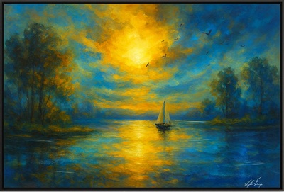 Golden Serenity Sunset Sailboat on Tranquil Lake