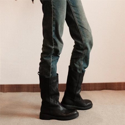 Women's Leather Retro Western cowboy boots wide-knee mid-calf style