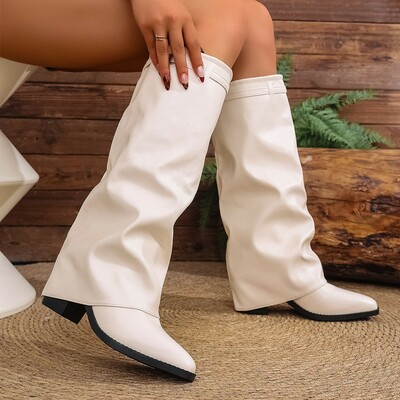 Women's pleated high-heeled fashion boots high-top boots