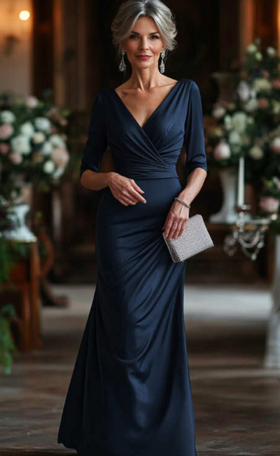 Sheath V Neck Navy Blue Satin Mother of the Bride/Groom Dress Evening Dress