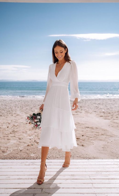 Simple Chiffon Tea-length Beach Boho Wedding Dress Bridal Dress With Long Sleeve