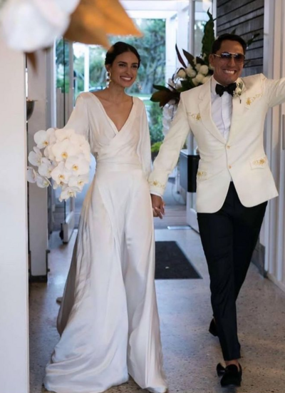 Simple V-neck Chiffon Wedding Dress, Long Bridal Dress