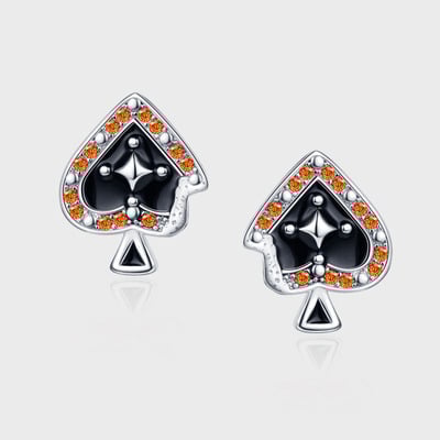 Ace of Spades Stud Earrings, Black Enamel Sweetheart Shape with Orange Zircon, S925 Sterling Silver Needle