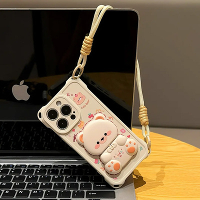 Bear Pattern Case With Mirror Stand For iPhone 17 16 15 IPS506