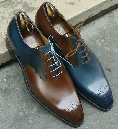 Handmade Brown Blue Two Color Shoes Lace Up Formal Shoes